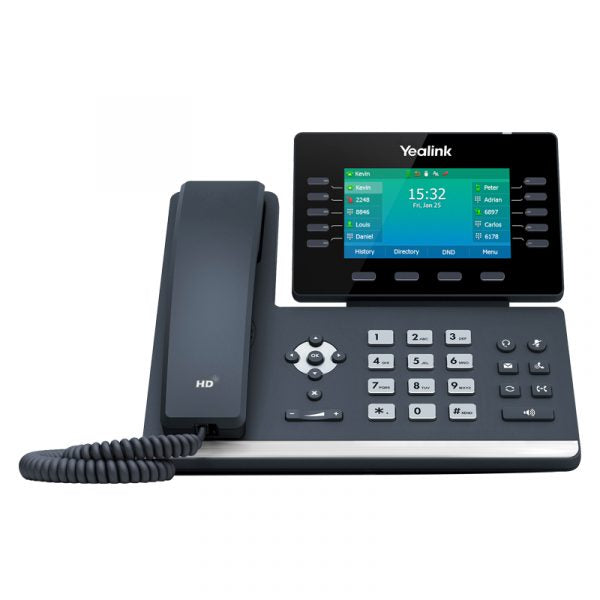 Front view of Yealink SIP-T54W IP Phone showing 4.3-inch adjustable color screen and line keys. Front view of Yealink SIP-T54W IP Phone showing 4.3-inch adjustable color screen and line keys.